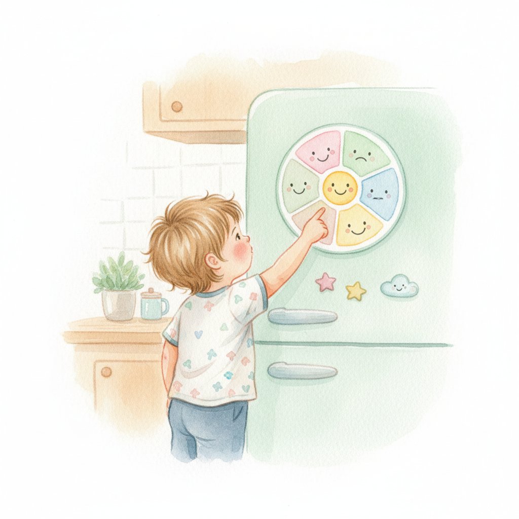 A young child standing at a fridge feelings chart pointing to an emotion face, soft watercolor