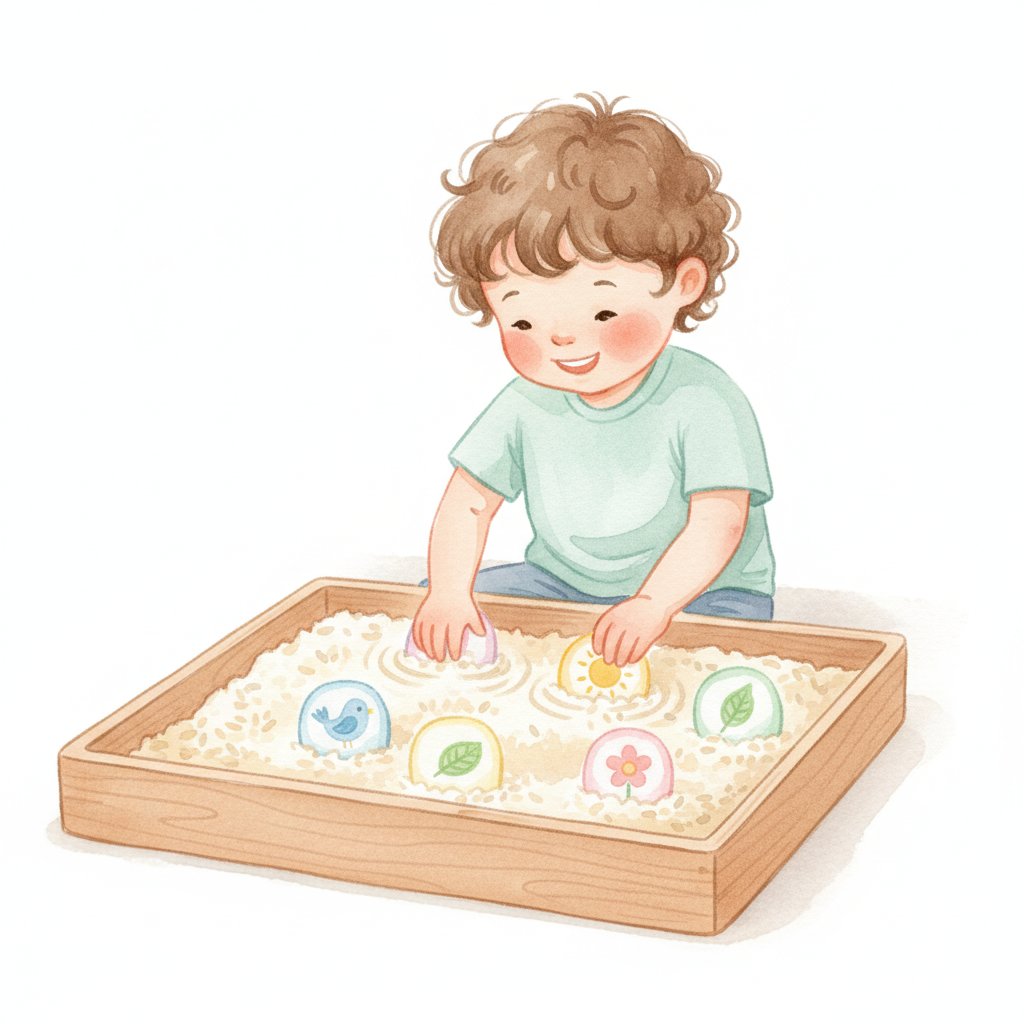 A child digging in a sensory rice bin to find hidden picture word cards
