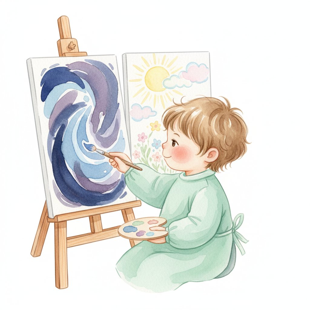 A child painting one dark picture and one light picture at an easel, exploring contrast on a vertical surface