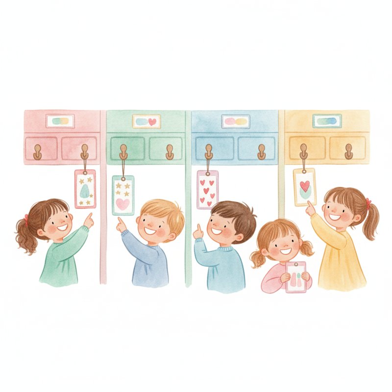 Watercolor illustration of cheerful preschoolers pointing at personalized name tags on a classroom cubby wall