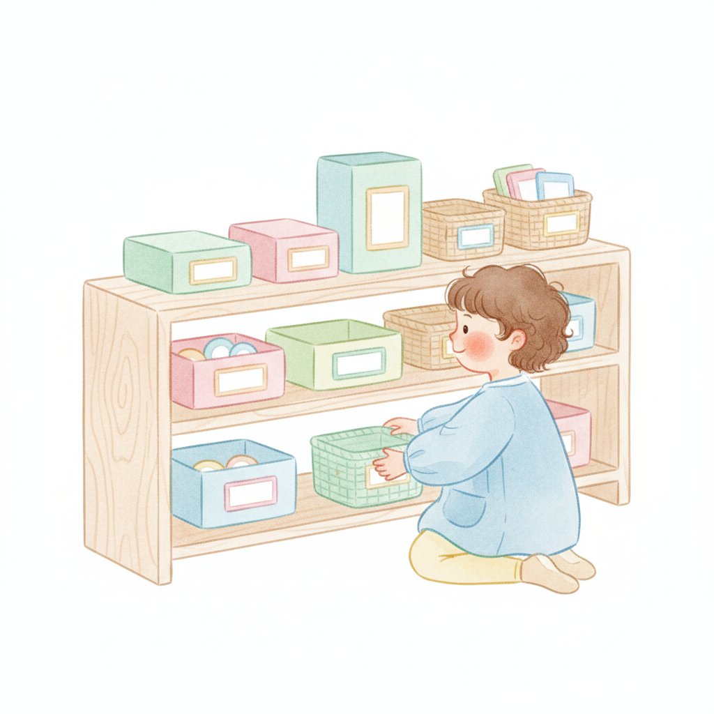 A tidy low shelf with neatly labelled colourful game baskets and a child choosing one