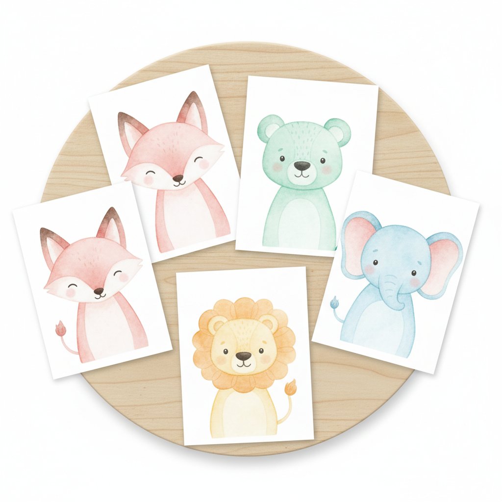A neat flat-lay of freshly printed colourful animal-character learning cards on a table