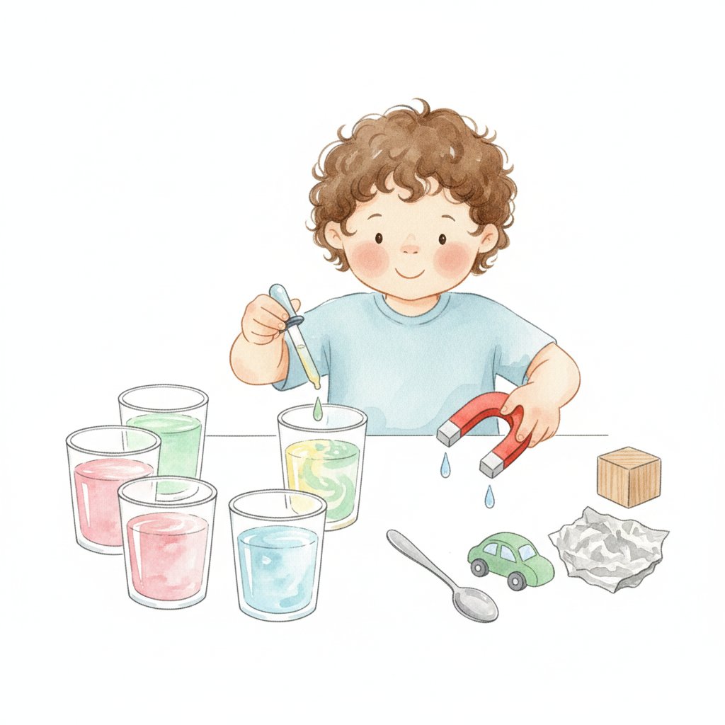 Child doing a color mixing experiment with cups and a dropper