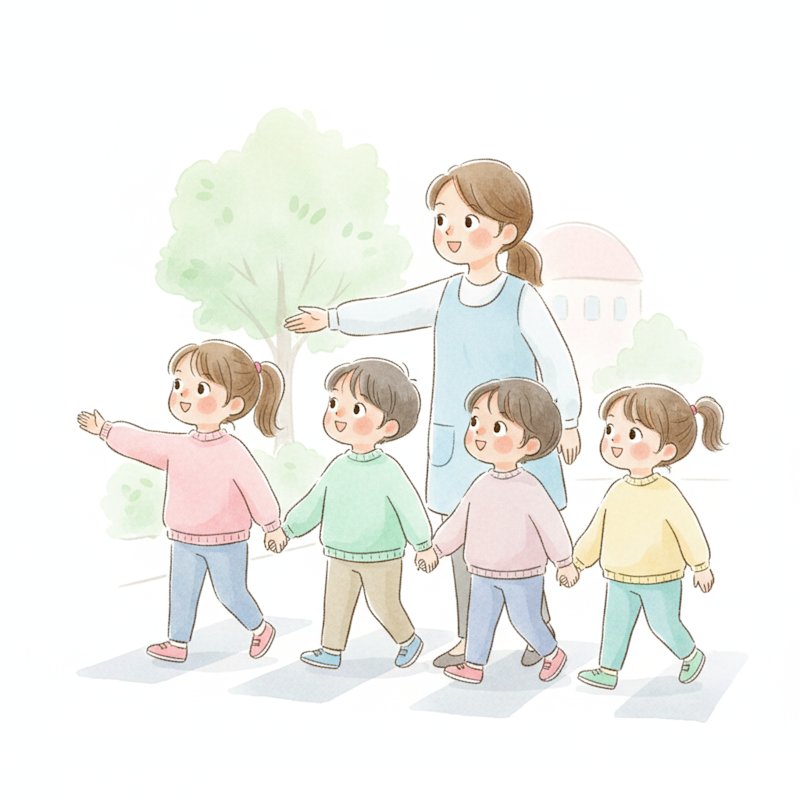 Watercolor illustration of cheerful preschoolers walking with a caring teacher, holding hands and looking both ways