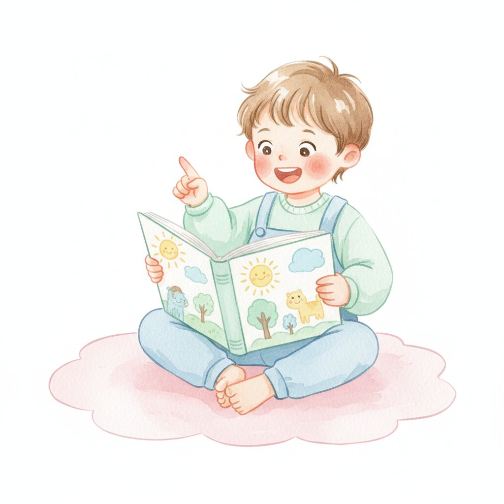 A young child reading a picture book aloud and pointing proudly at the page