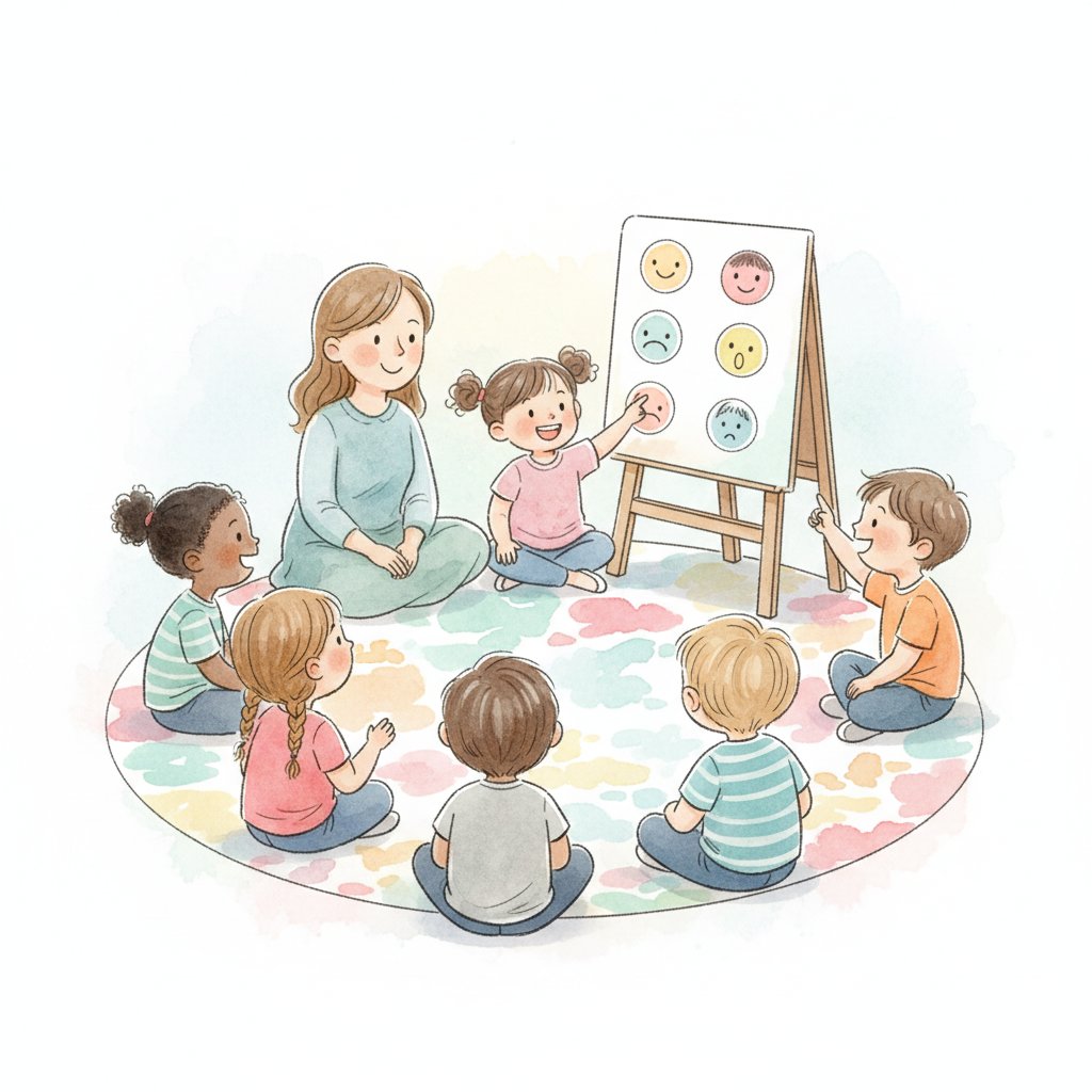 A morning circle-time check-in where children take turns pointing to their feeling on a chart, soft watercolor