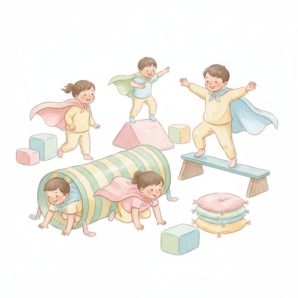 Children in capes crawling through a tunnel and balancing on a beam in a hero obstacle course