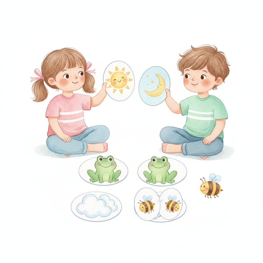 Watercolor illustration of two children matching opposite picture cards like sun and moon