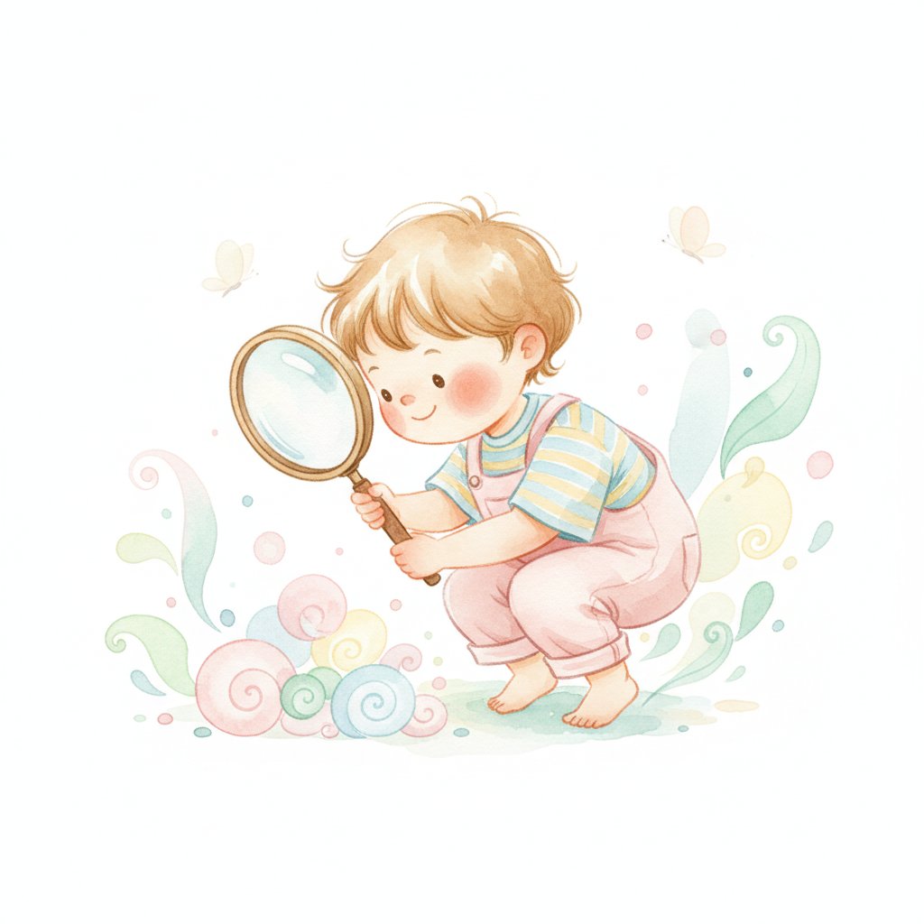 Watercolor illustration of a child searching with a magnifying glass