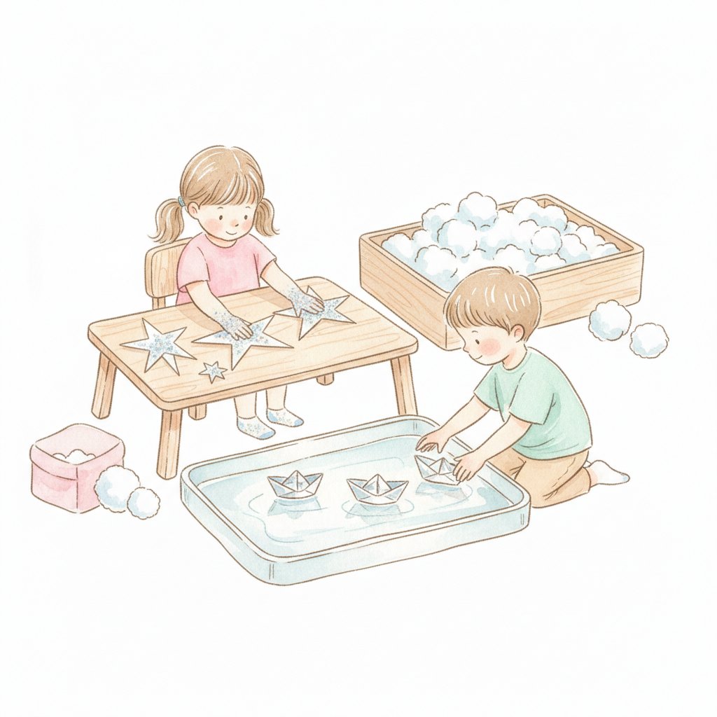 Children decorating paper stars and floating foil boats in a water tray
