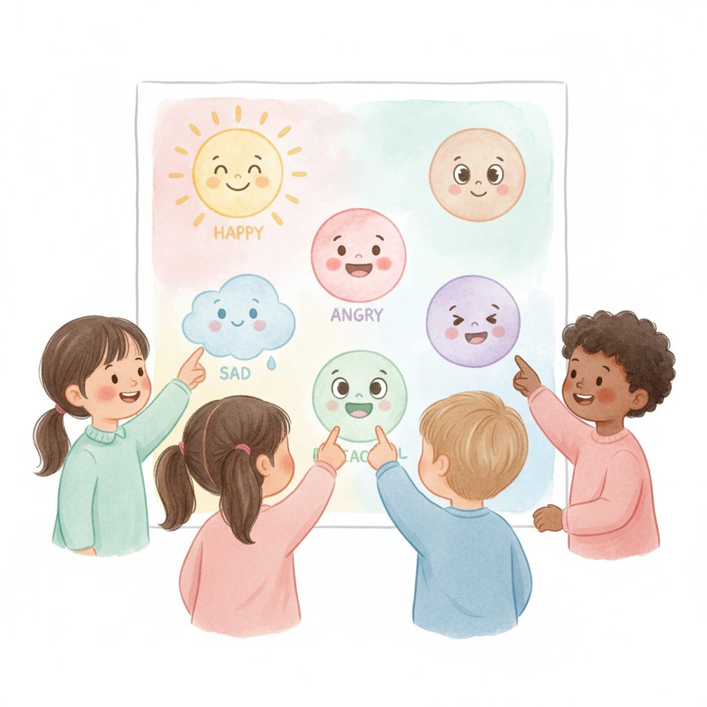 Children at a friendly social-emotional feelings poster wall