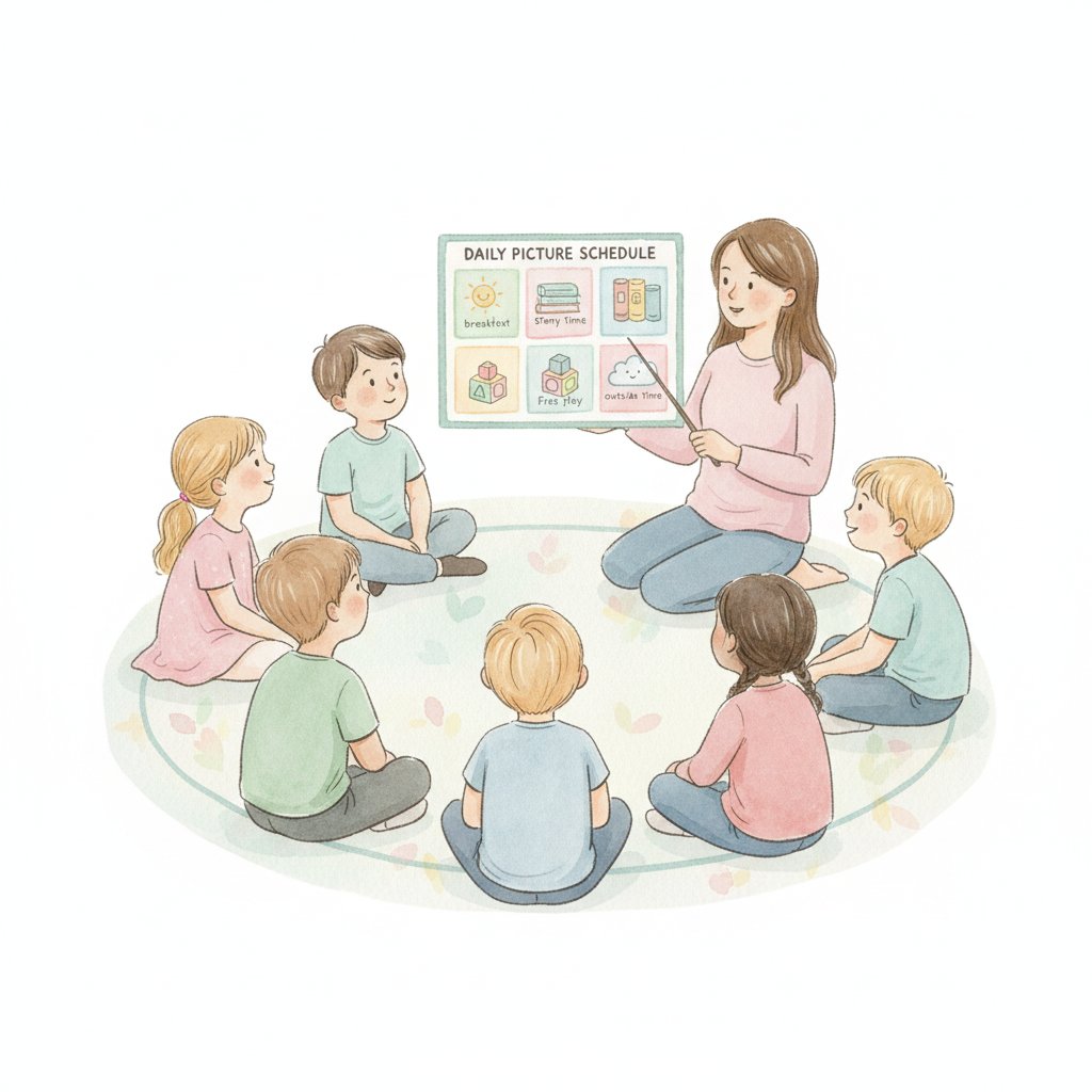 Children reviewing the daily picture schedule together at morning circle time