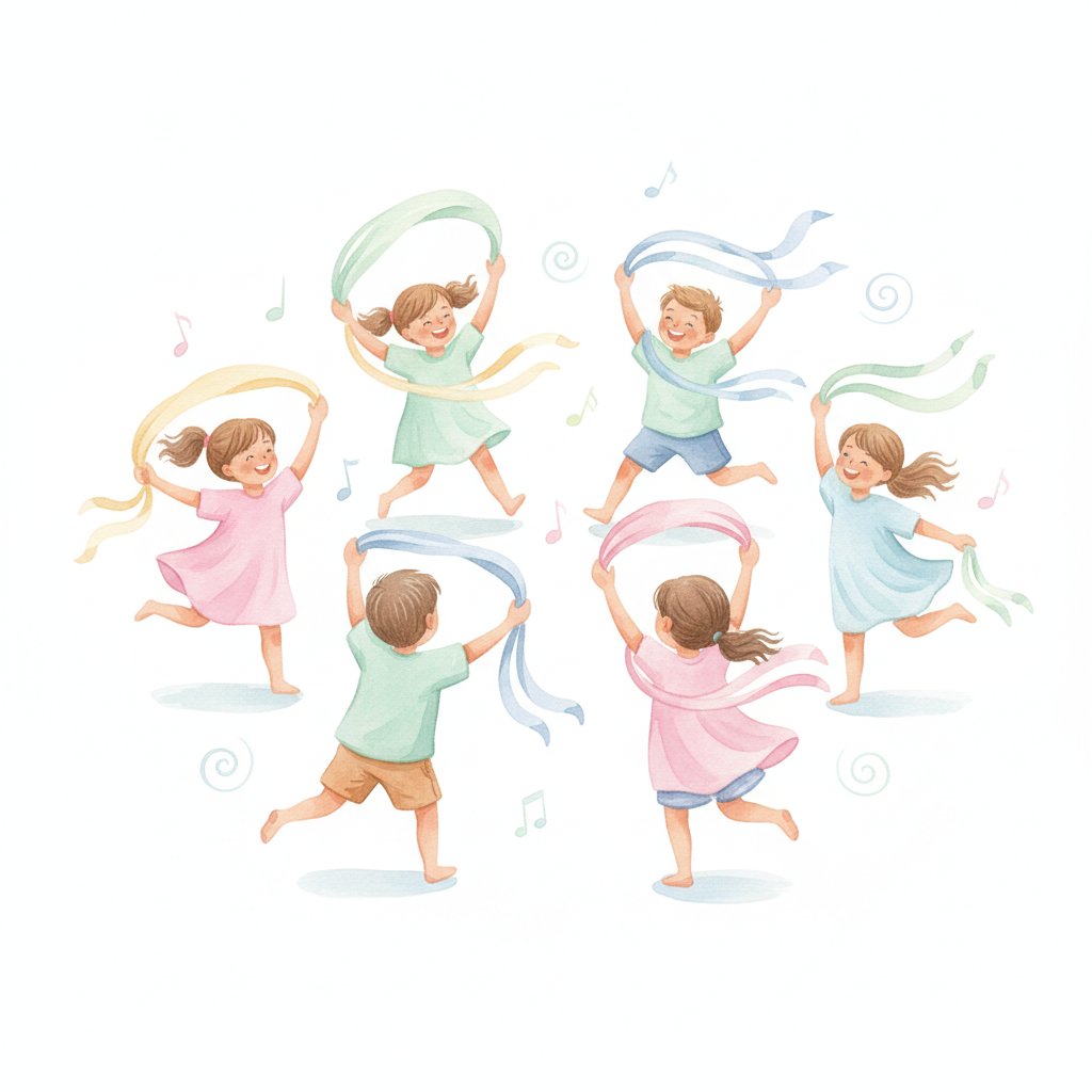 Watercolor of cheerful preschoolers freeze-dancing with colorful scarves