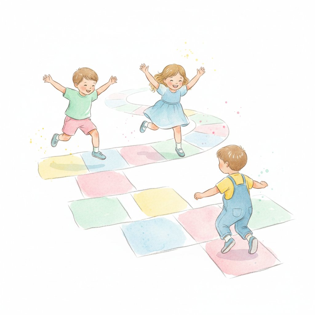 Children hopping across a chalk letter hopscotch grid outdoors