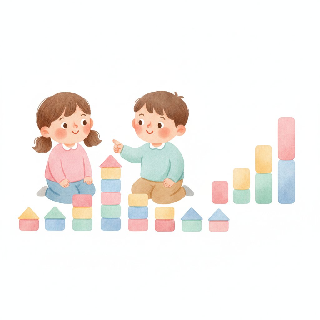 Children building block towers of different heights as a bar graph