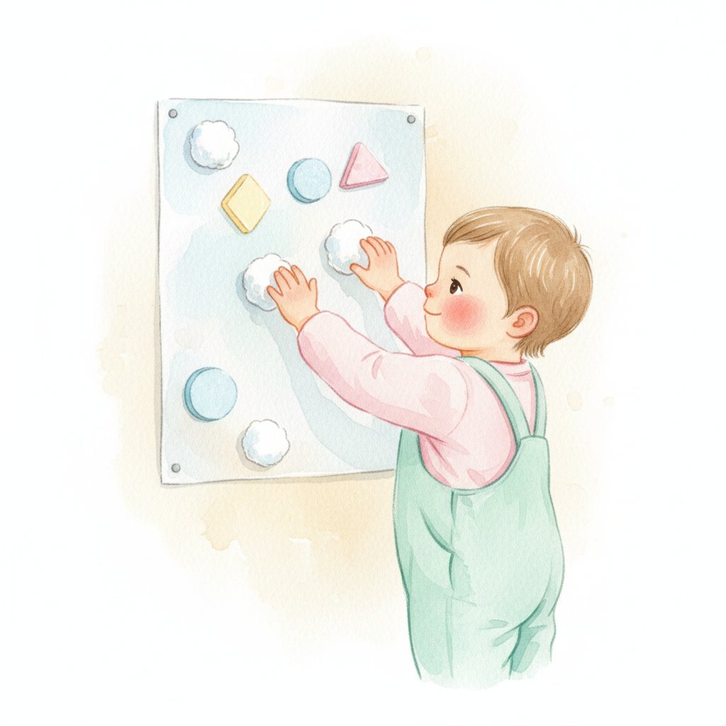 A toddler sticking cotton balls and foam shapes onto a sticky contact paper wall