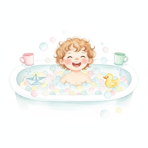 Child enjoying bubbly bath water play with cups and toys