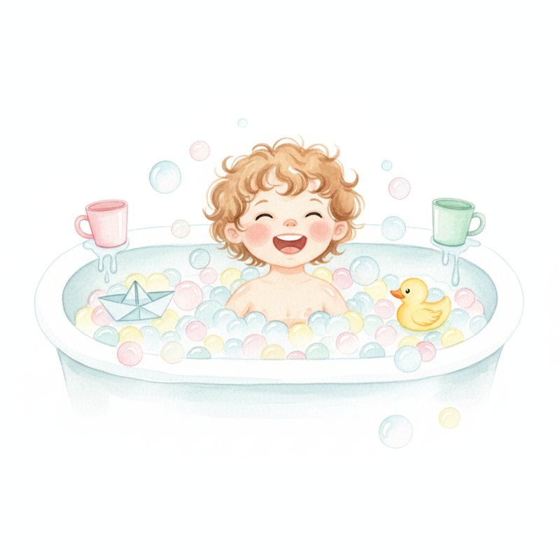 Child enjoying bubbly bath water play with cups and toys