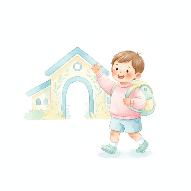 Watercolor illustration of a toddler with a backpack walking into preschool