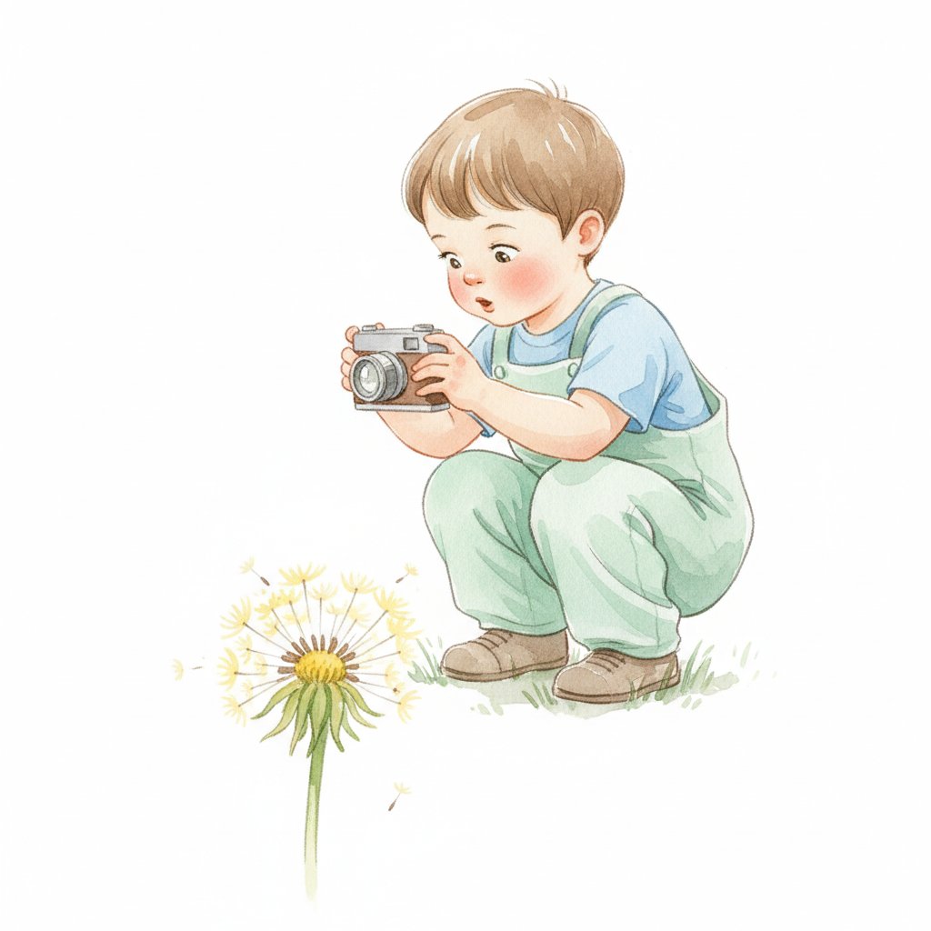 Watercolor illustration of a child photographing a dandelion up close
