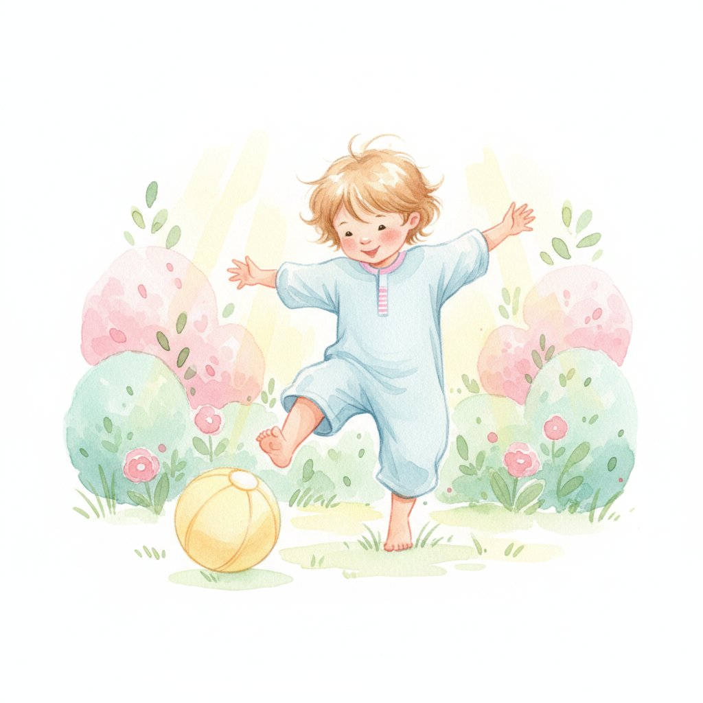 Watercolor illustration of a happy young child playing outside with a ball in a sunny garden