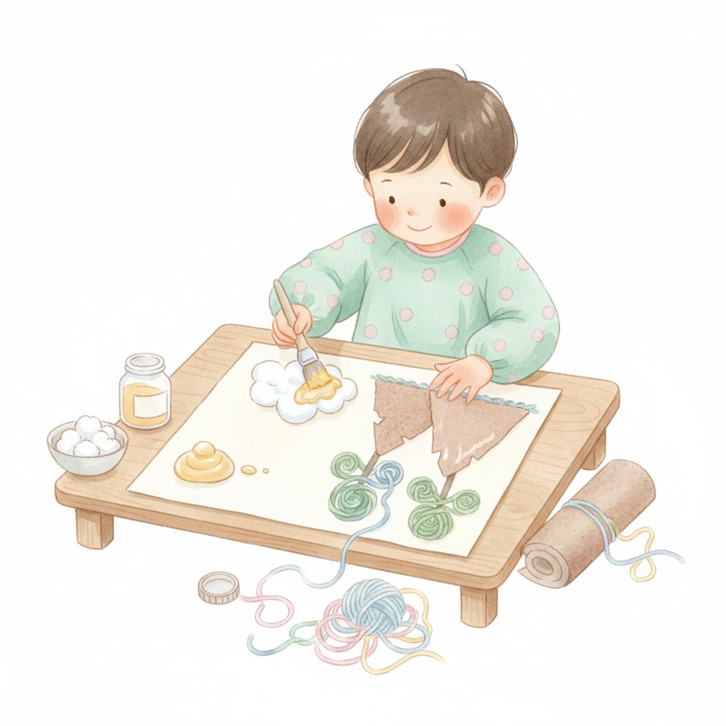 A child making a texture collage with cotton, sandpaper and yarn