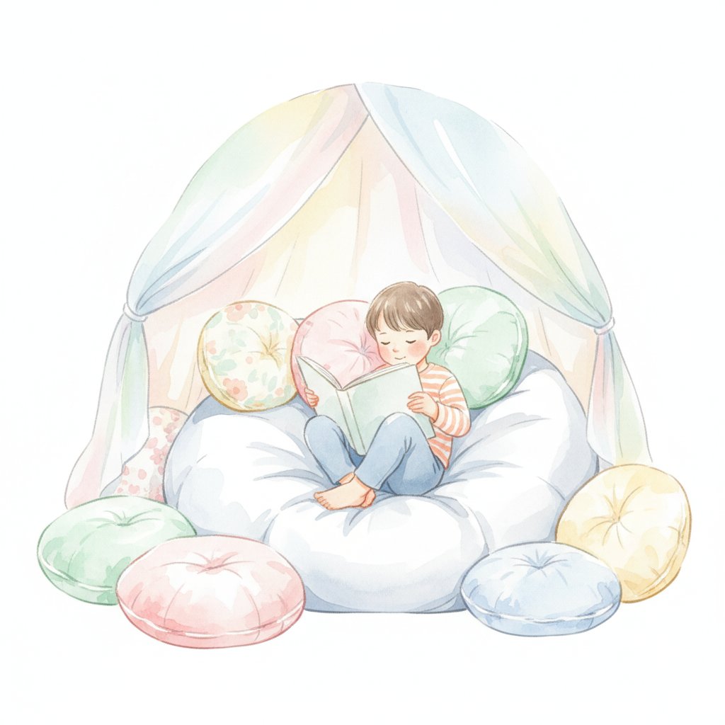 Watercolor illustration of a child relaxing on a beanbag in a cozy quiet reading nook