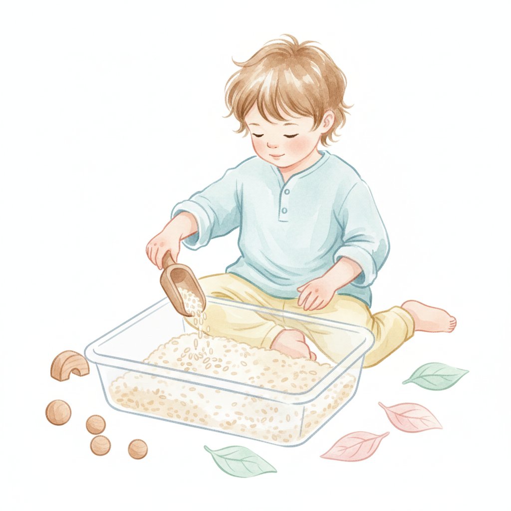 A child gently scooping dry rice in a sensory bin