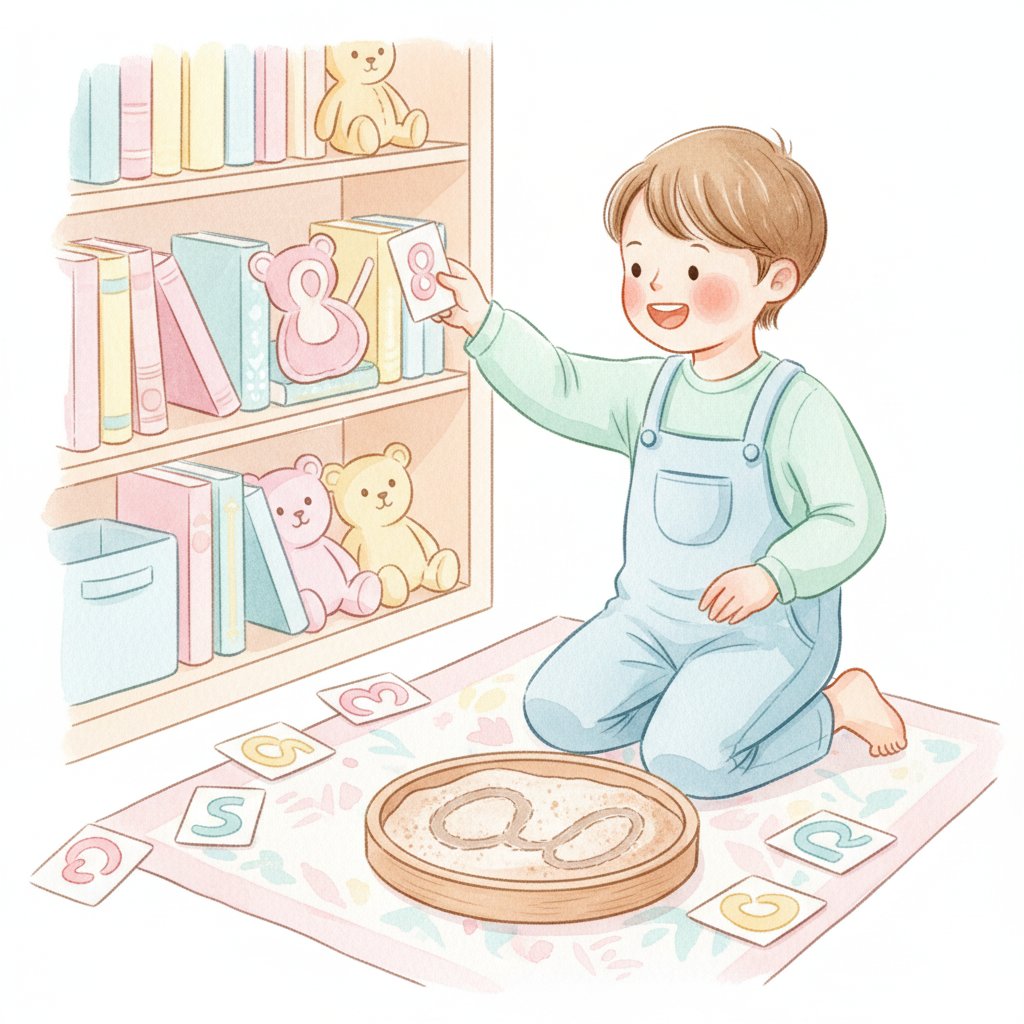 A child on an alphabet scavenger hunt, matching and tracing letters