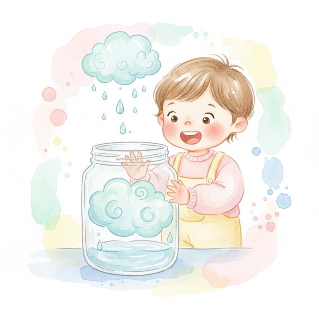 A young child watching water droplets form and rain down inside a clear glass jar