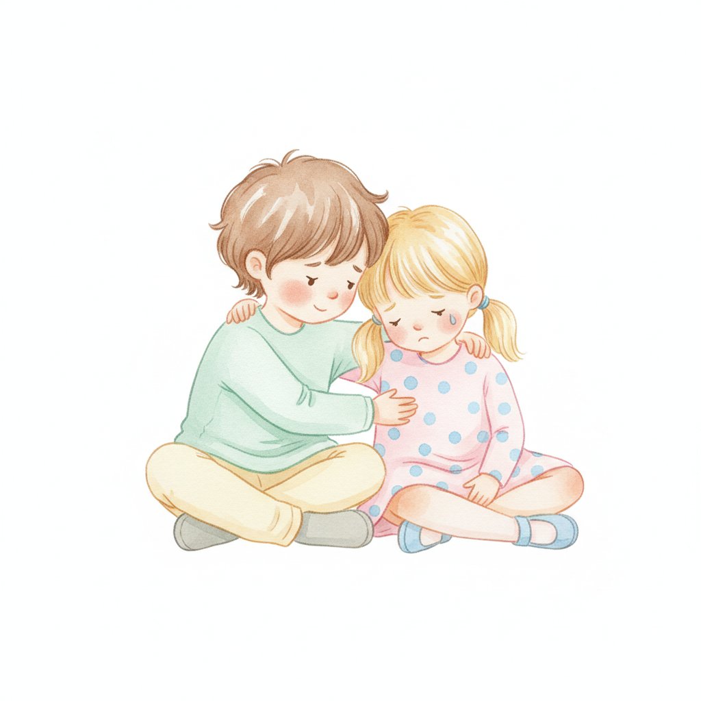 A young child kindly hugging and comforting another child who looks sad, sitting close together, soft watercolor