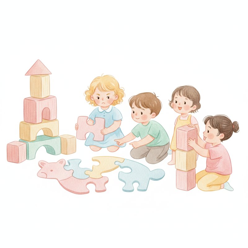 Watercolor of children solving a puzzle and building together