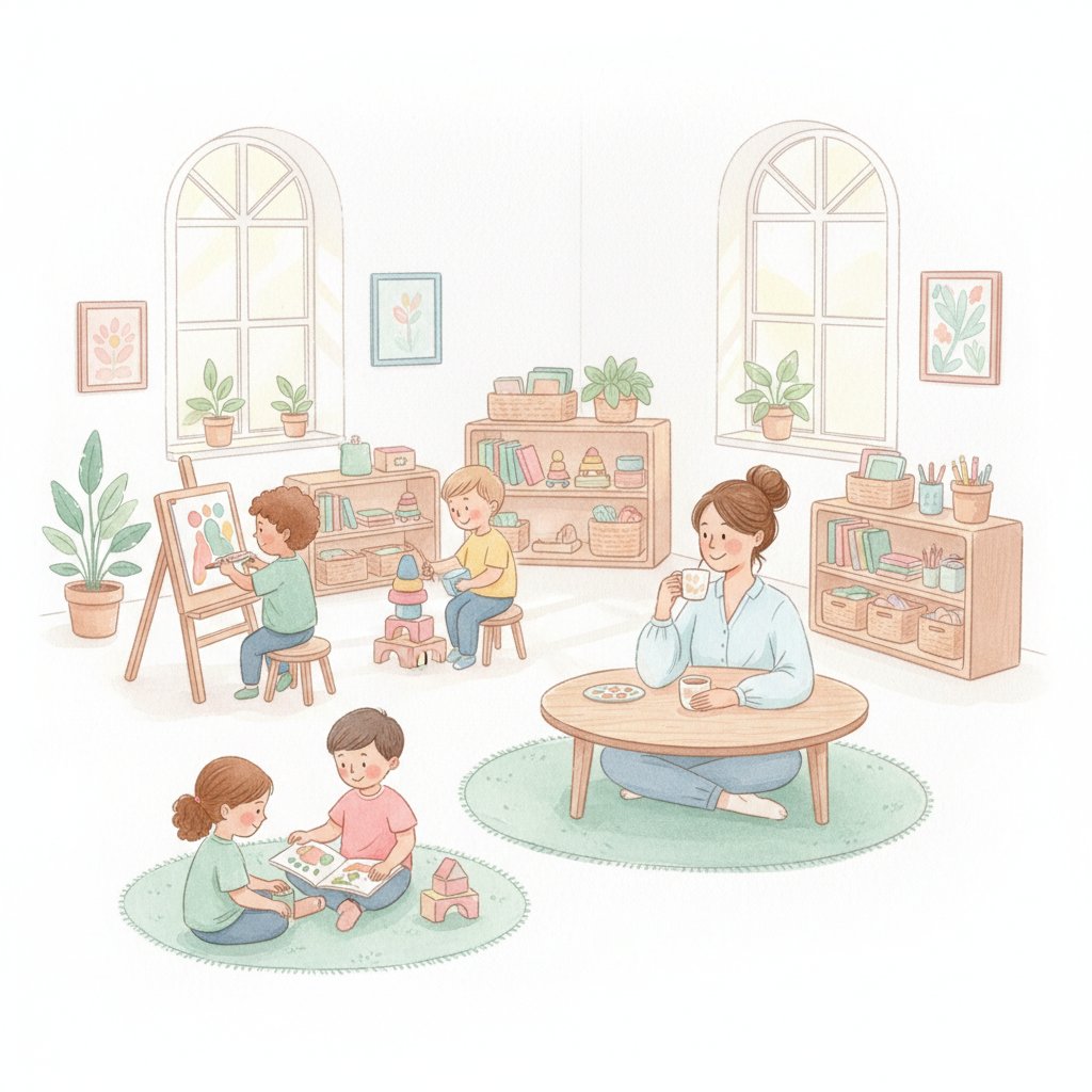 Peaceful organized kindergarten classroom with happy independent children