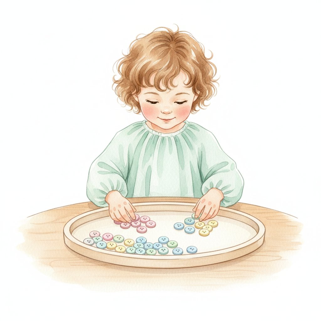 Watercolor illustration of a child sorting colorful buttons into groups