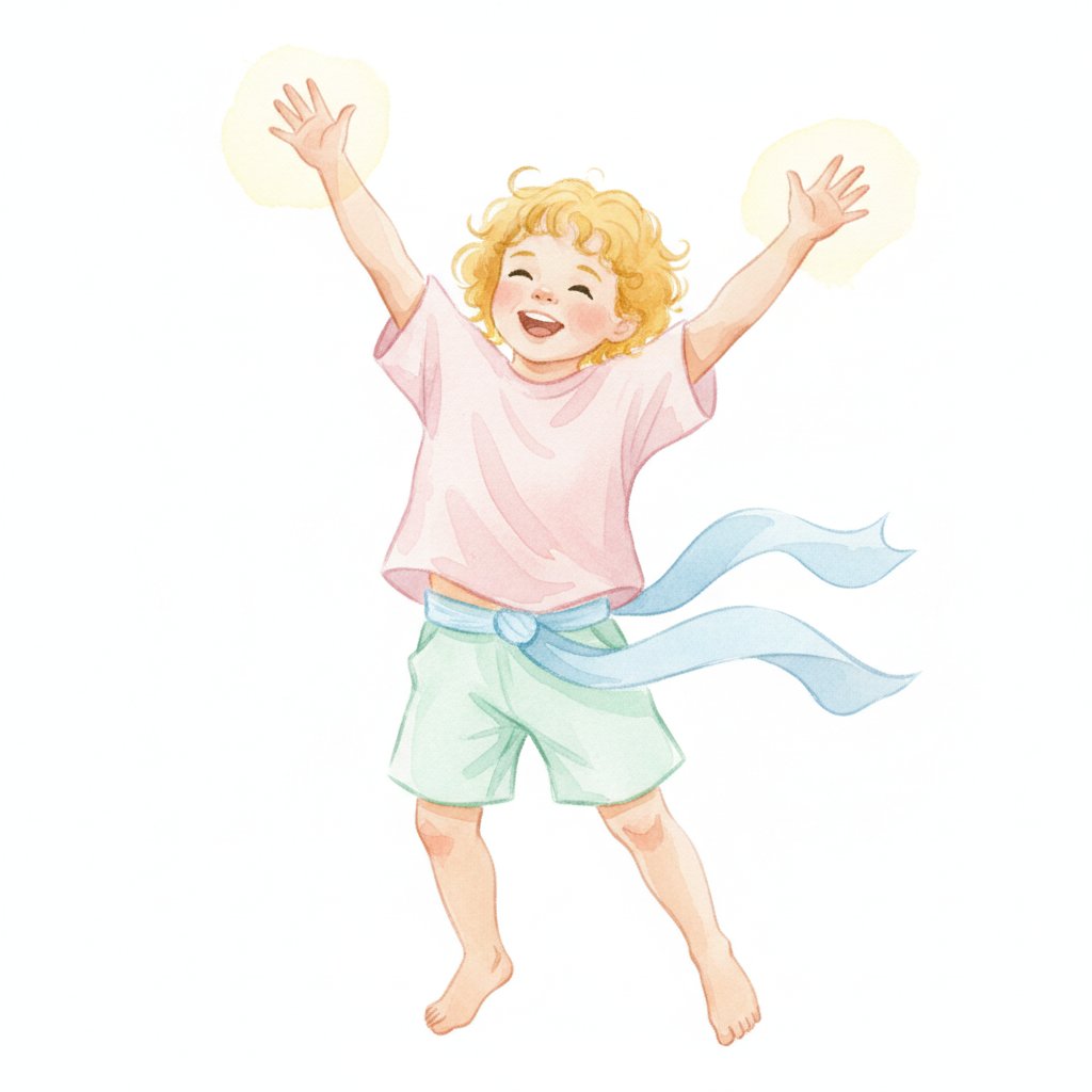 Watercolor illustration of a child stretching arms up high and shaking out wiggles