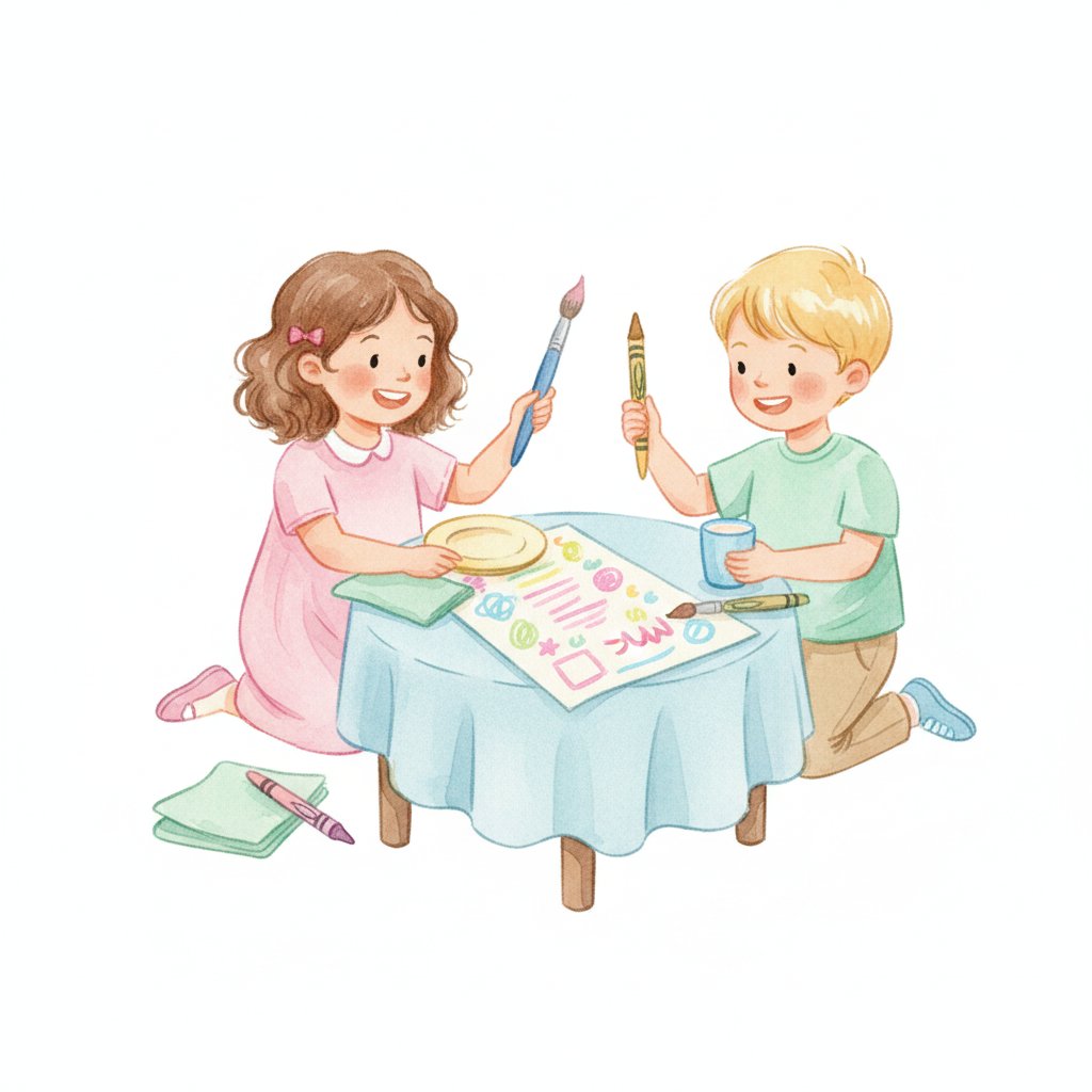 Two young children setting up a pretend restaurant table and drawing a colorful menu