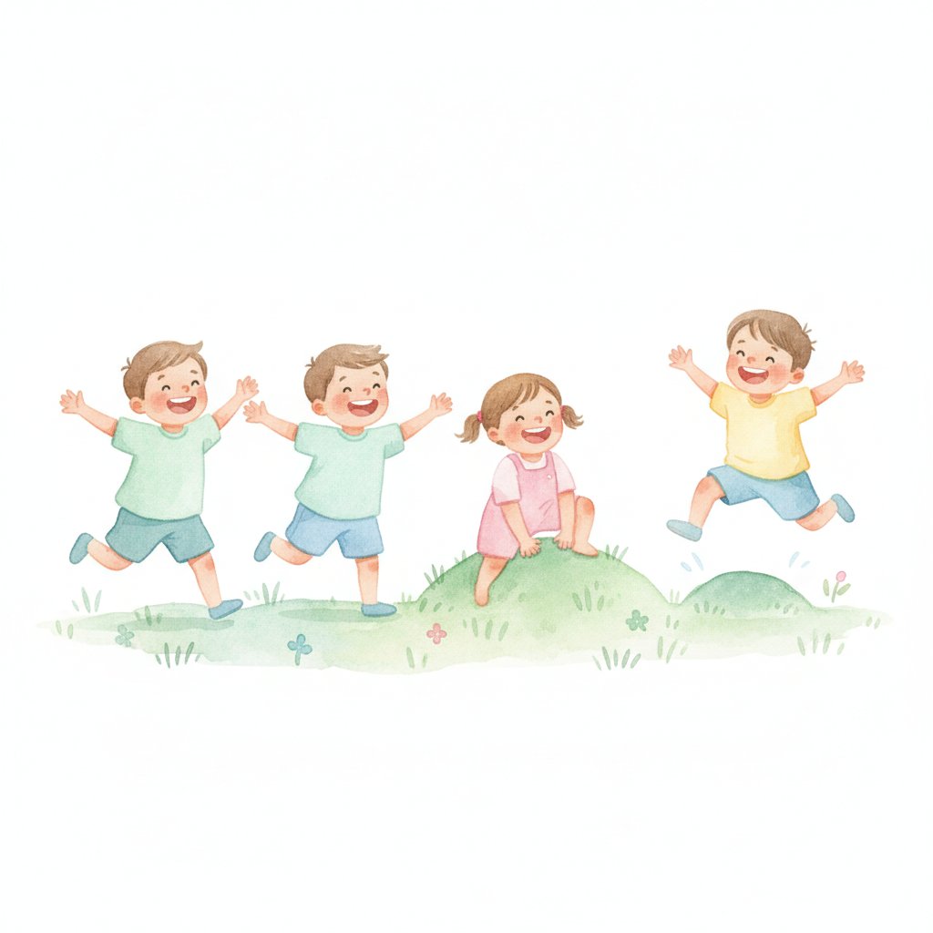 Watercolor of children running and climbing outdoors