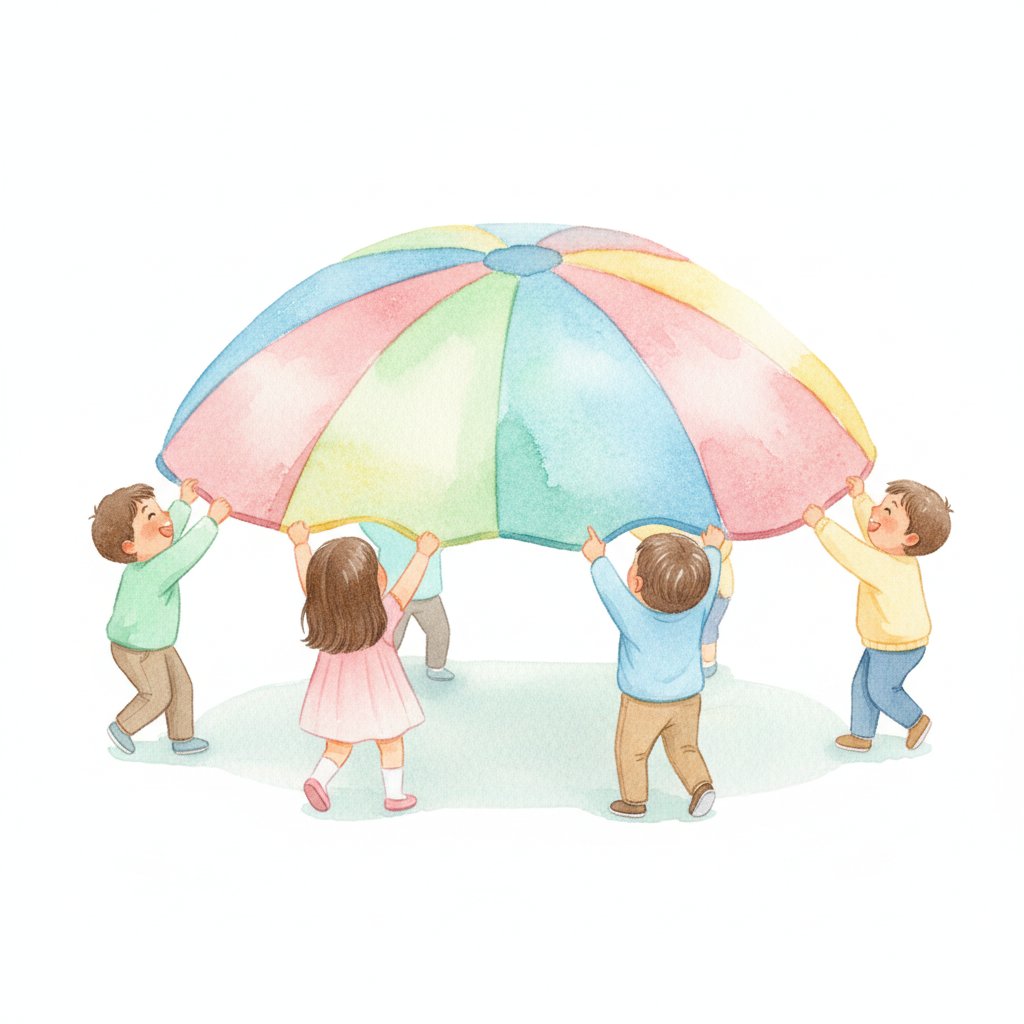Watercolor illustration of children playing with a parachute together as a team