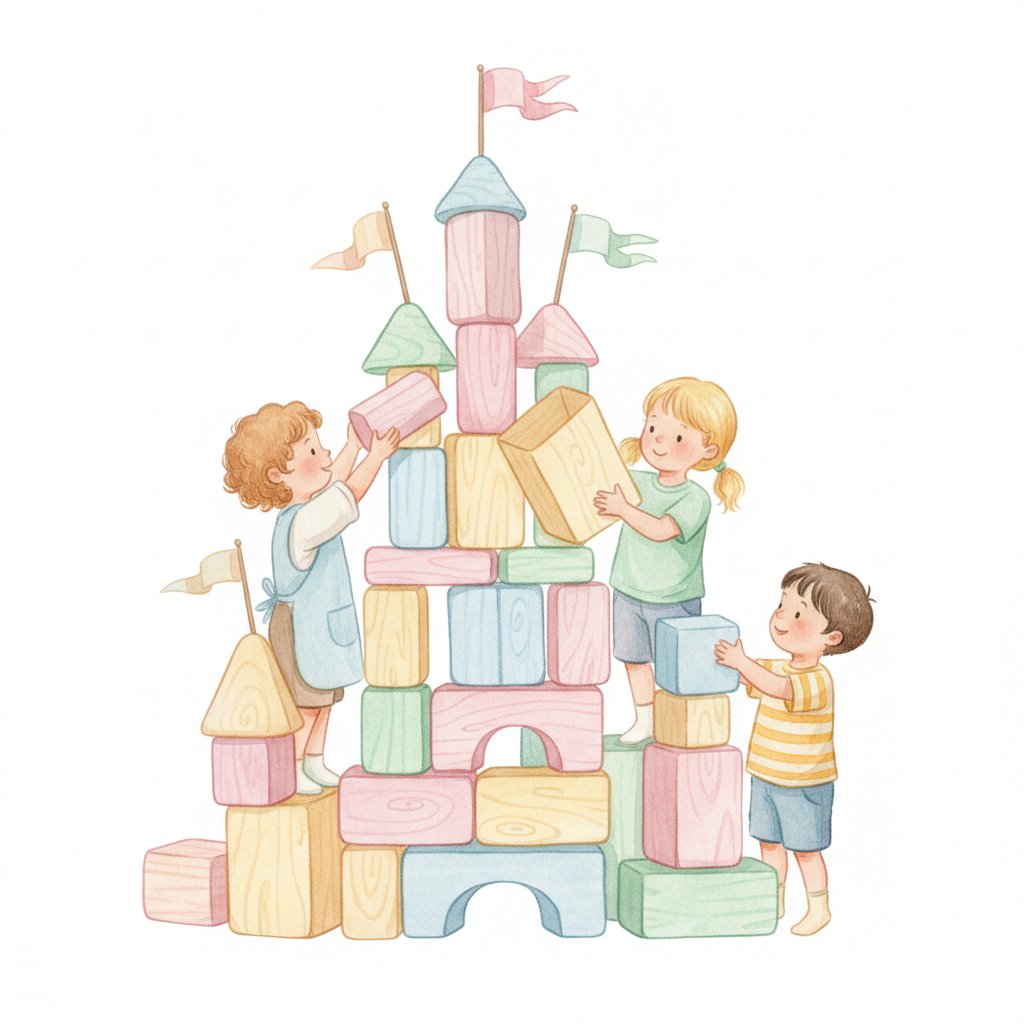 young children building a tall castle from blocks and cardboard boxes
