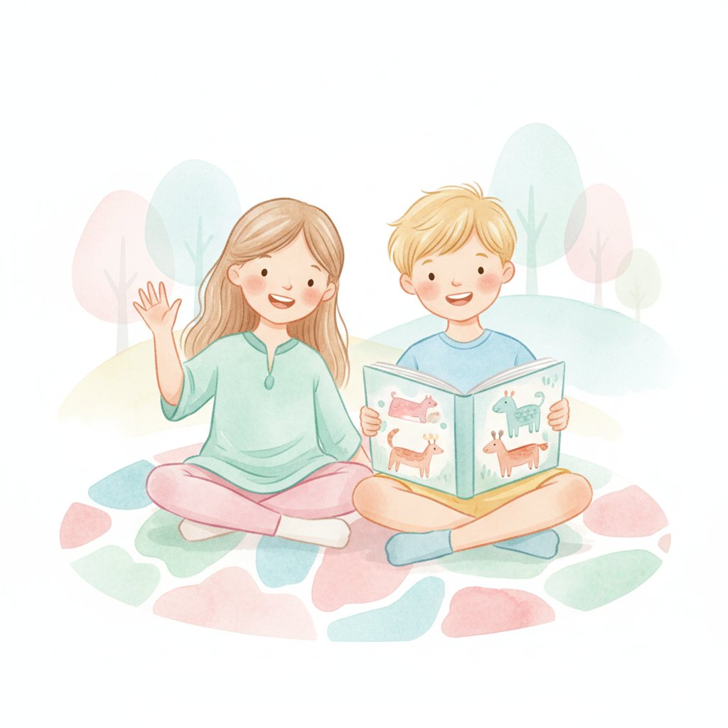 Watercolor of cheerful preschoolers waving hello and reading a folk tale together