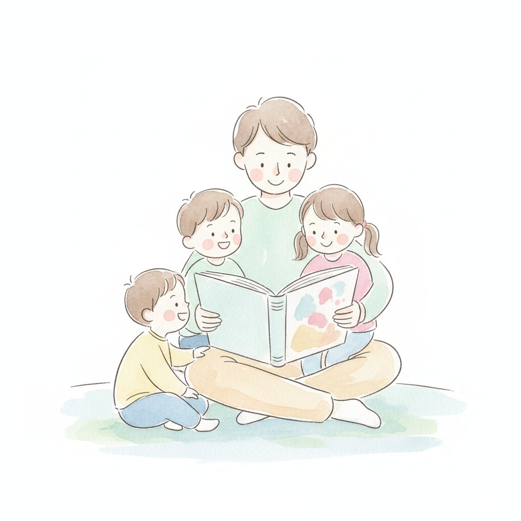 Parent reading a picture storybook aloud to attentive children