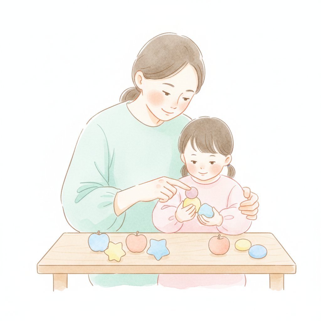 An adult gently helping a child count colorful objects at a table
