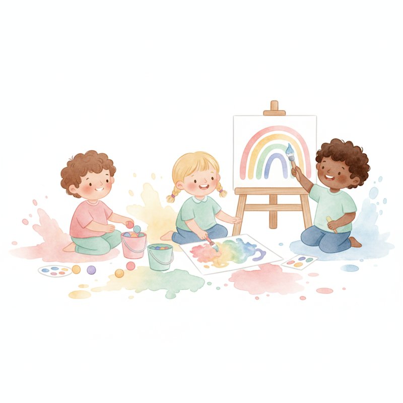 Children joyfully playing with rainbow colours, sorting and painting