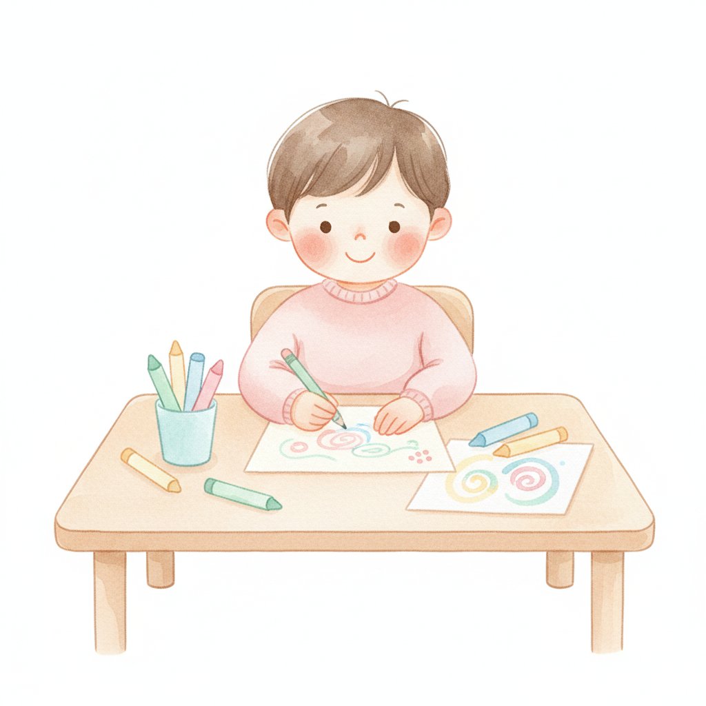 Proud young child writing on paper with a pencil at a kindergarten table