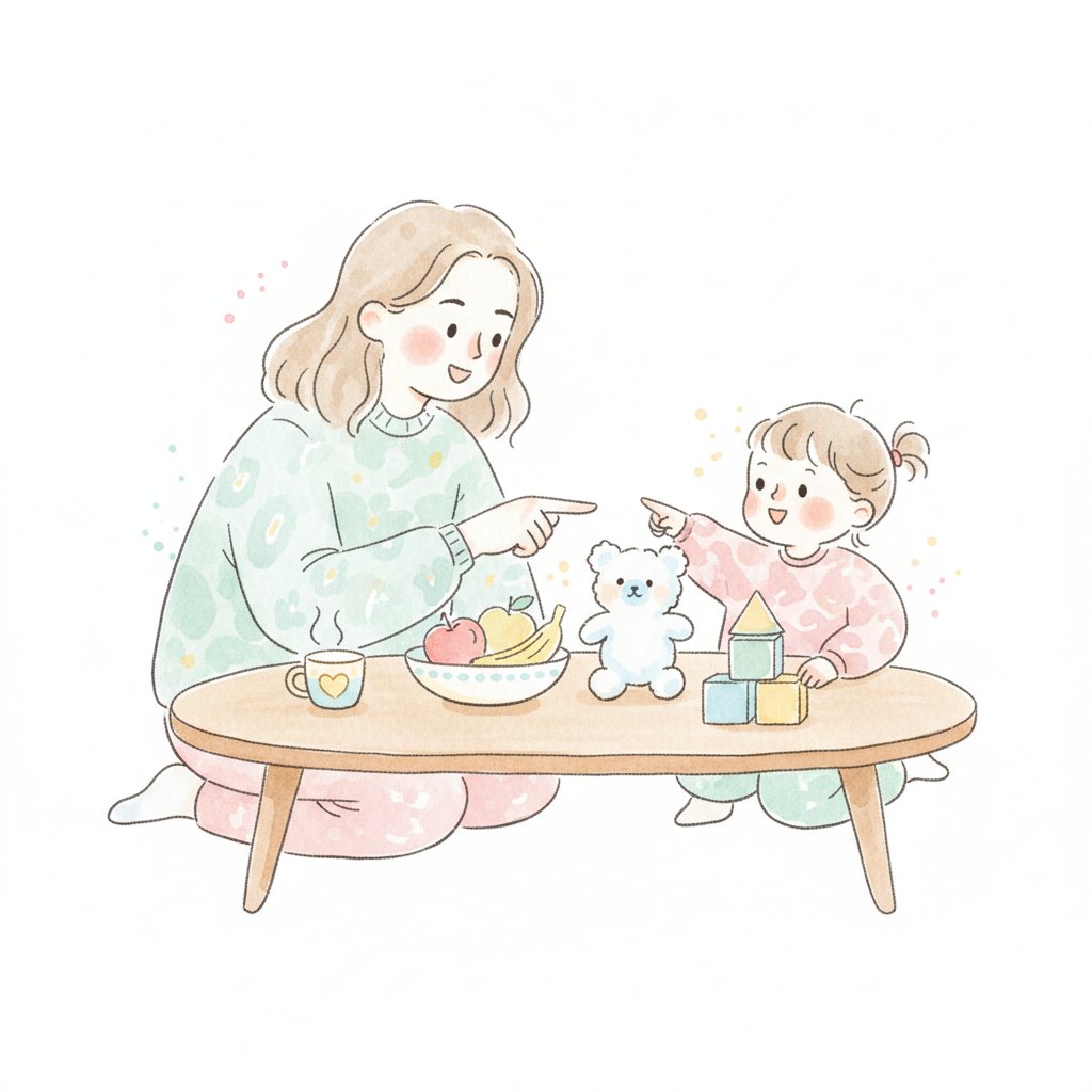 Parent and child naming foods and objects during a cozy mealtime routine