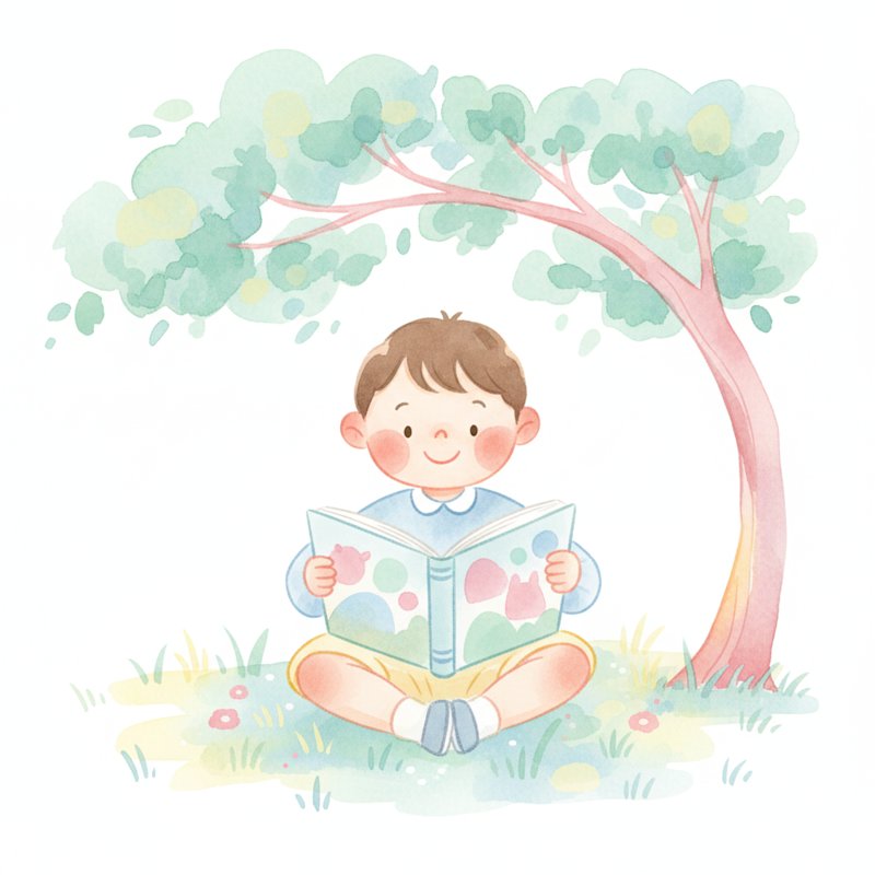 Watercolor illustration of a child reading a picture book outdoors on a sunny summer day