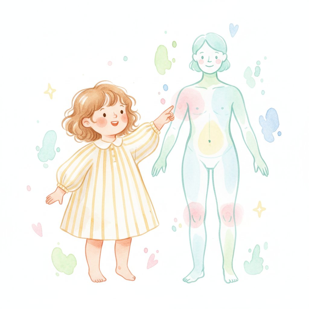 a cheerful child pointing to different parts of a friendly drawn body outline