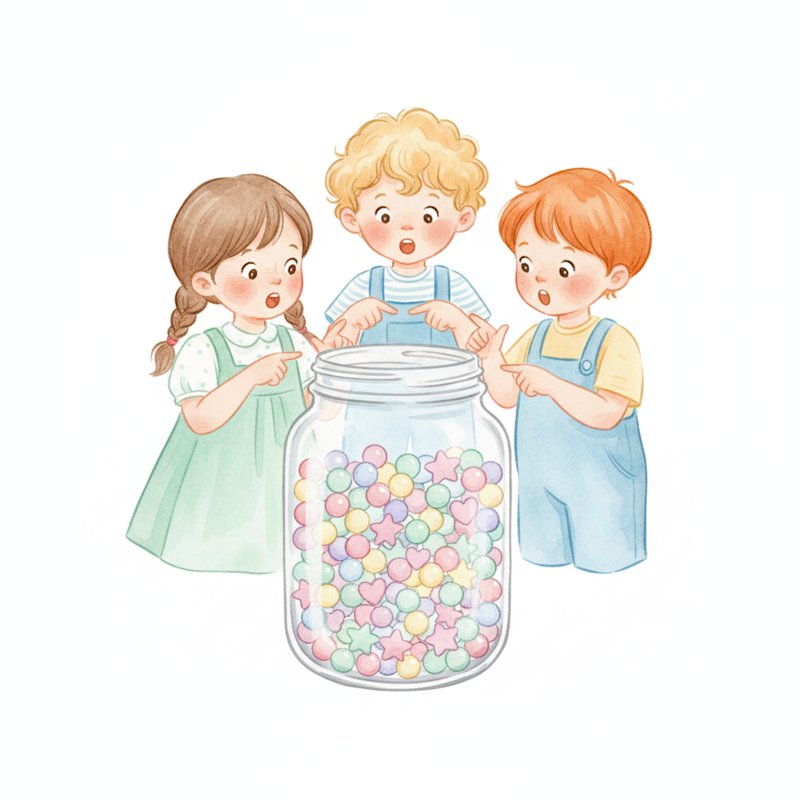 Children gathered around a jar of beads guessing how many there are