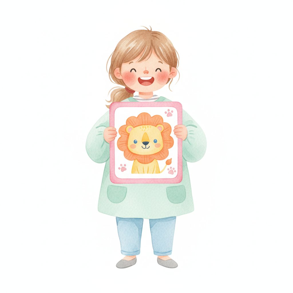 A proud child holding up a card with a friendly painted animal character