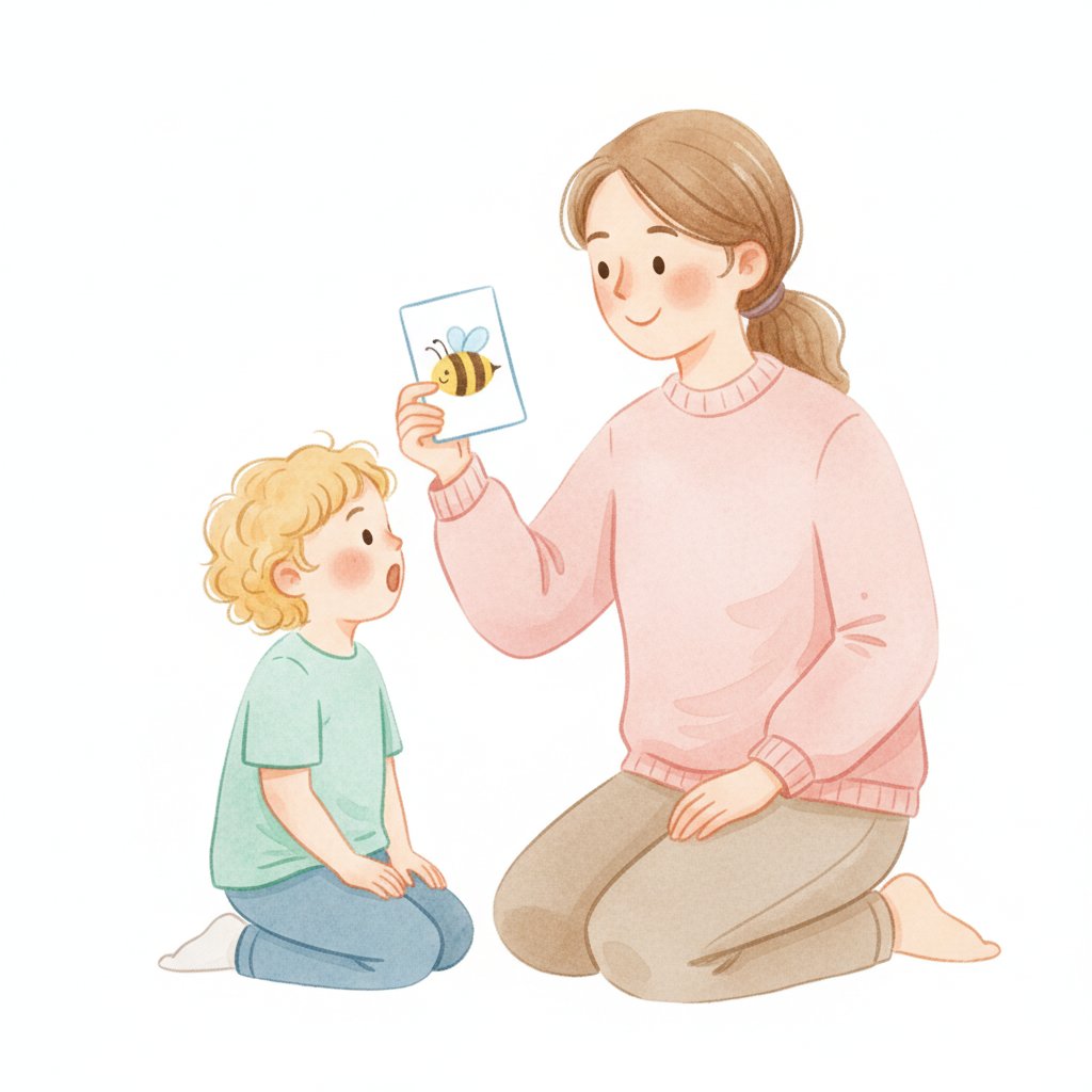 A smiling adult holding up a single picture card while a young child says the sound